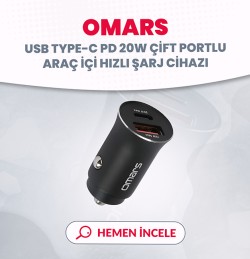 Omars USB Type-C PD 20W Çift Portlu Araç içi Hızlı Şarj Cihazı