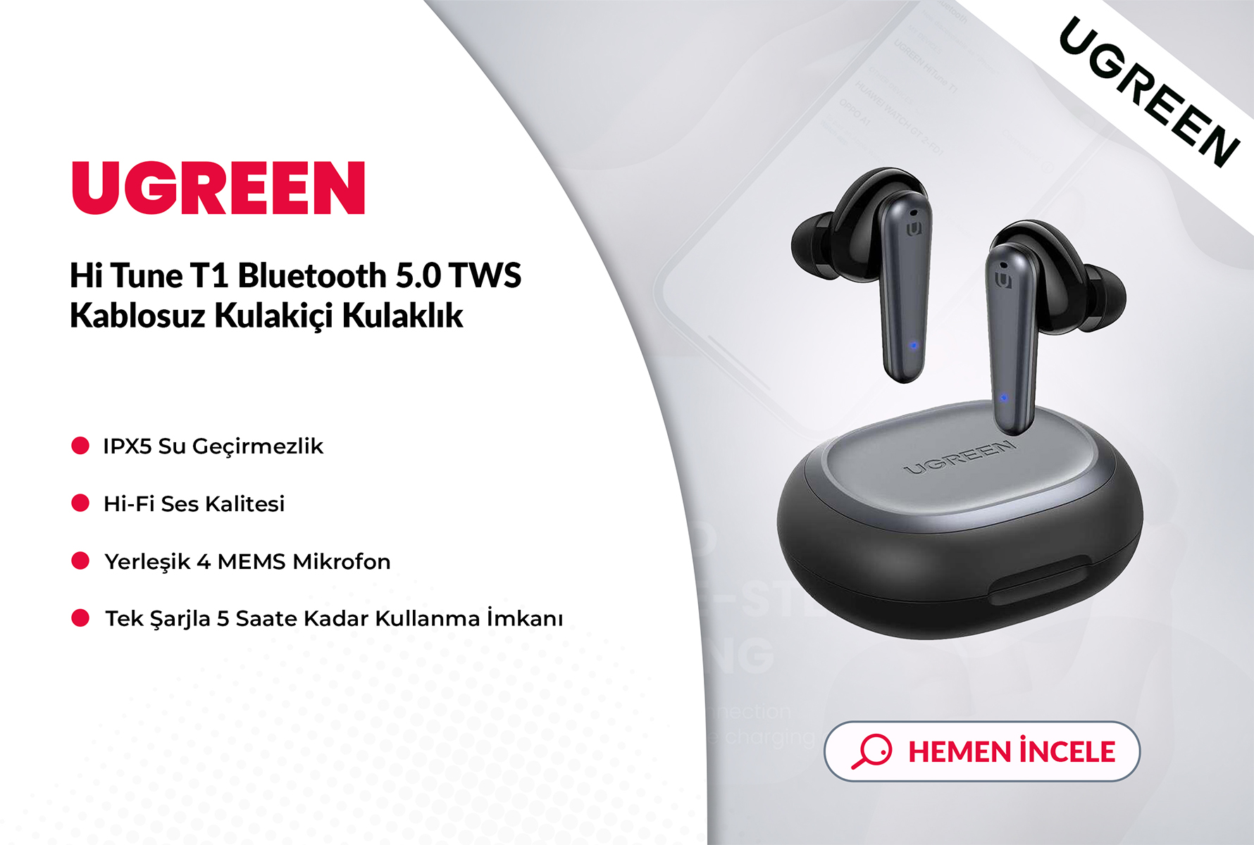 Ugreen Hi Tune T1 Bluetooth 5.0 TWS Kablosuz Kulakiçi Kulaklık Siyah