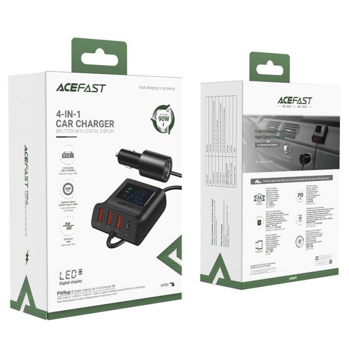 Acefast B8 90W Led Göstergeli 3*USB 1*Type-C Araç Şarj Cihazı