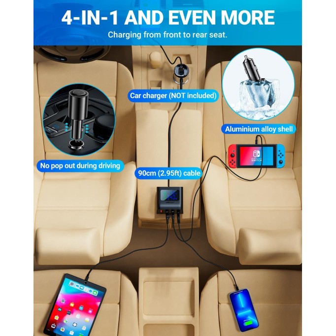 Acefast B8 90W Led Göstergeli 3*USB 1*Type-C Araç Şarj Cihazı