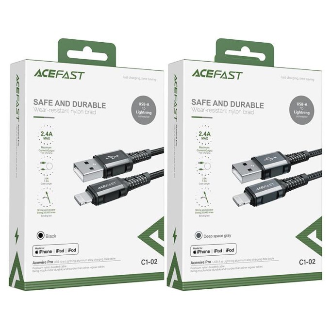 Acefast C1-02 MFI Lightning iPhone Şarj ve Data Kablosu 1.2 Metre Siyah