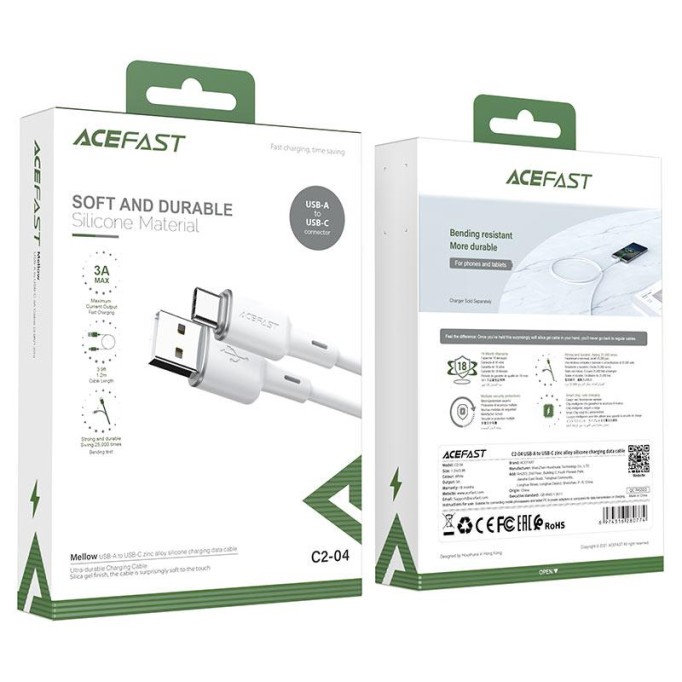 Acefast C2-04 USB Type-C 3A Hızlı Şarj ve Data Kablosu Beyaz