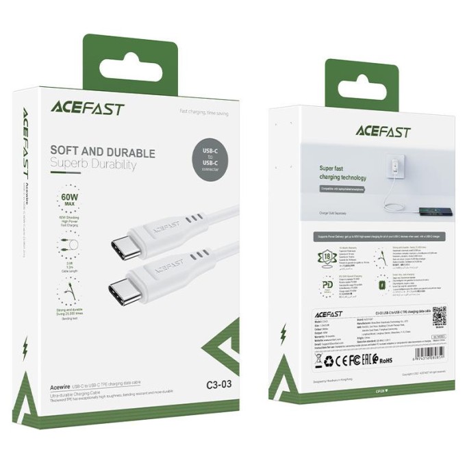 Acefast C3-03 PD Type-C to Type-C 60W 3A Hızlı Şarj ve Data Kablosu Beyaz