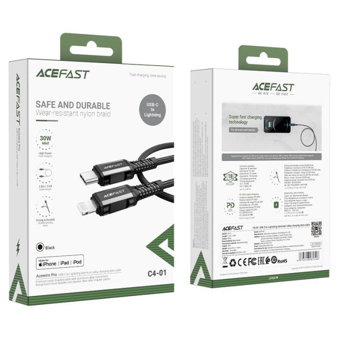 Acefast C4-01 30W 3A Type C to Lightning iPhone Örgülü Hızlı Şarj ve Data Kablosu