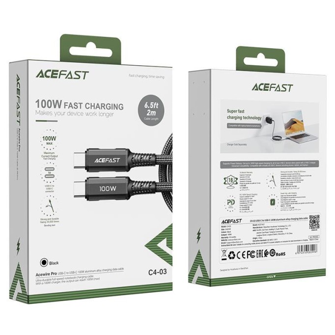 Acefast C4-03 PD Type-C to Type-C 100W 5A Hızlı Şarj ve Data Kablosu Siyah