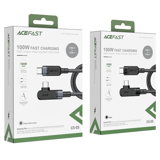 Acefast C5-03 100W 5A Type-C 90° MVP Oyuncular için Hızlı Şarj ve Data Kablosu Gri
