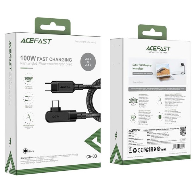 Acefast C5-03 100W 5A Type-C 90° MVP Oyuncular için Hızlı Şarj ve Data Kablosu Siyah