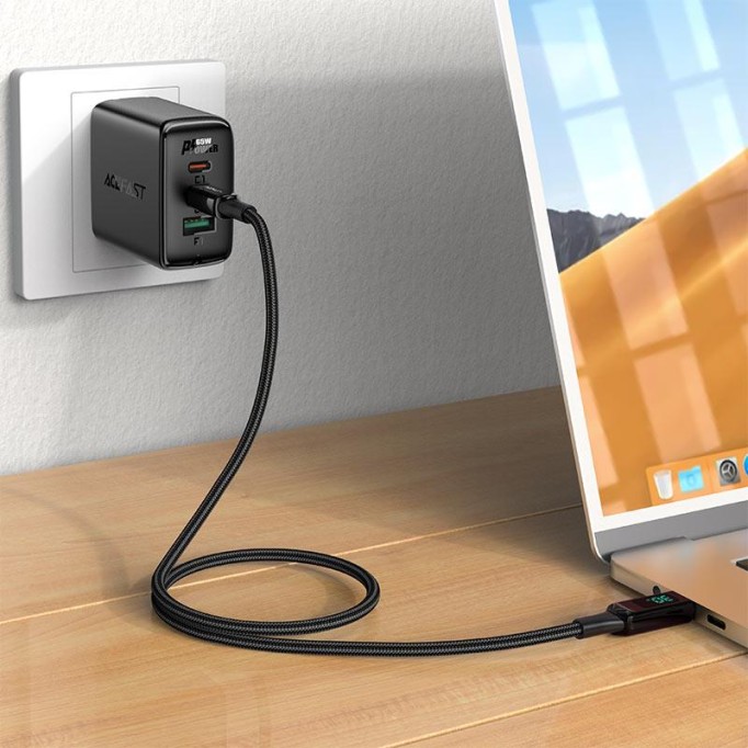 Acefast C6-01 30W 3A Type C to Lightning MFI LED Ekranlı Hızlı Şarj Kablosu Siyah