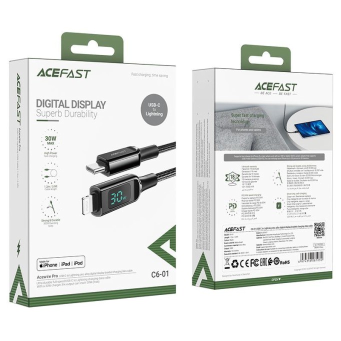 Acefast C6-01 30W 3A Type C to Lightning MFI LED Ekranlı Hızlı Şarj Kablosu Siyah