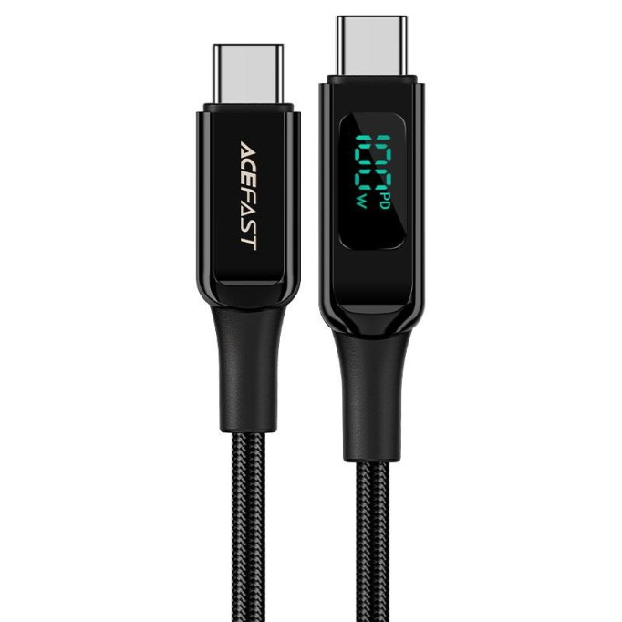 Acefast C6-03 100W 5A PD Type-C to Type-C Led Ekranlı Hızlı Şarj Kablosu Siyah