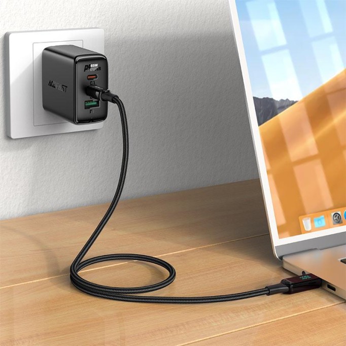 Acefast C6-03 100W 5A PD Type-C to Type-C Led Ekranlı Hızlı Şarj Kablosu Siyah