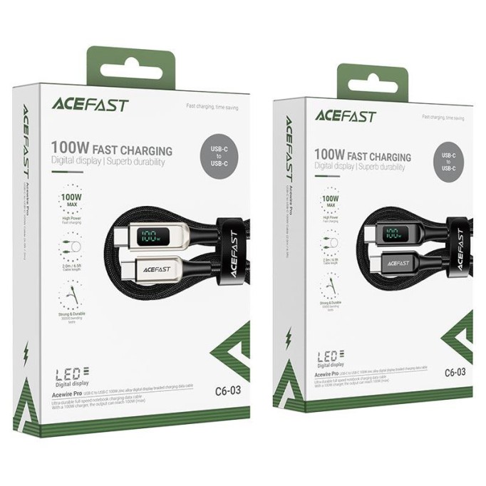 Acefast C6-03 100W 5A PD Type-C to Type-C Led Ekranlı Hızlı Şarj Kablosu Siyah
