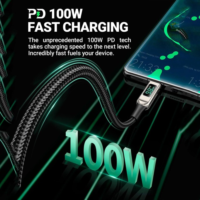 Acefast C6-03 100W 5A PD Type-C to Type-C Led Ekranlı Hızlı Şarj Kablosu Siyah