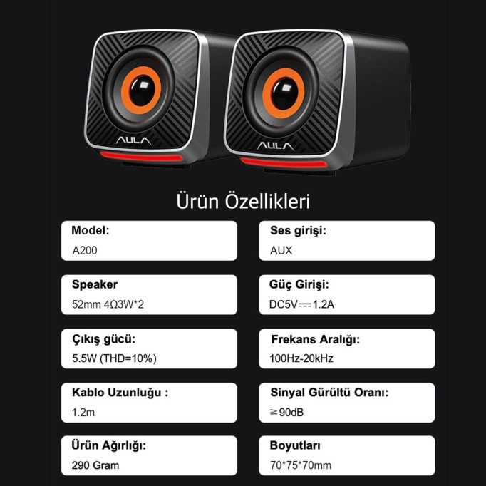 Aula A200 RGB Işıklı Masaüstü Gaming 3.5mm Jack Bilgisayar Pc Hoparlörü