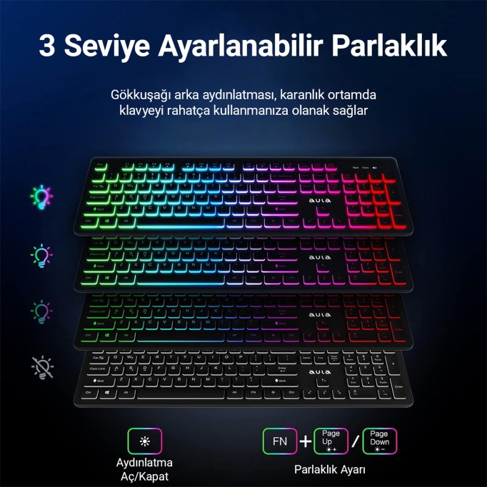 Aula AC208 Rainbow 2.4GHz Kablosuz Şarjlı Türkçe Q Klavye / Mouse ve Mousepad Seti