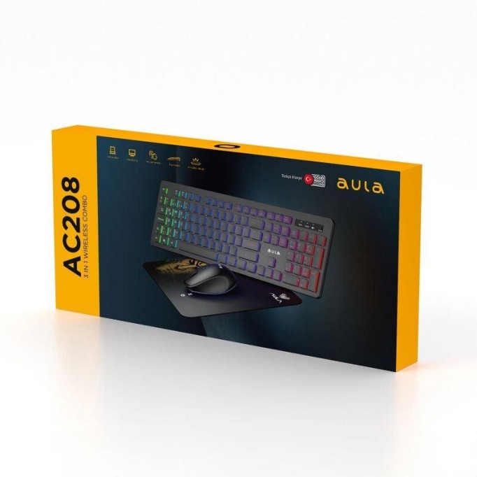 Aula AC208 Rainbow 2.4GHz Kablosuz Şarjlı Türkçe Q Klavye / Mouse ve Mousepad Seti