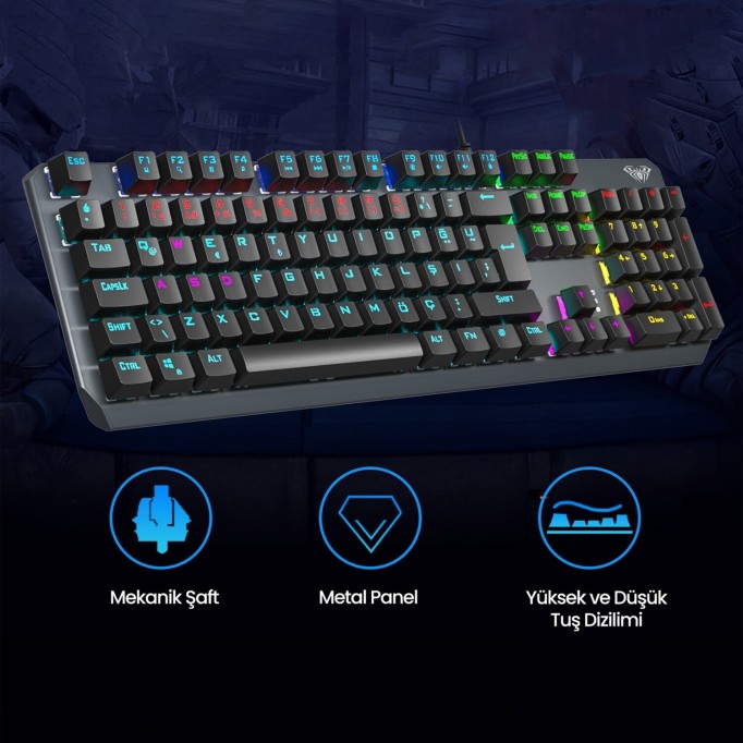 Aula F2066 Blue Switch RGB Makrolu Kablolu Gaming Türkçe Mekanik Oyuncu Klavyesi