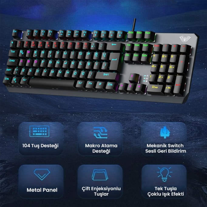 Aula F2066 Blue Switch RGB Makrolu Kablolu Gaming Türkçe Mekanik Oyuncu Klavyesi