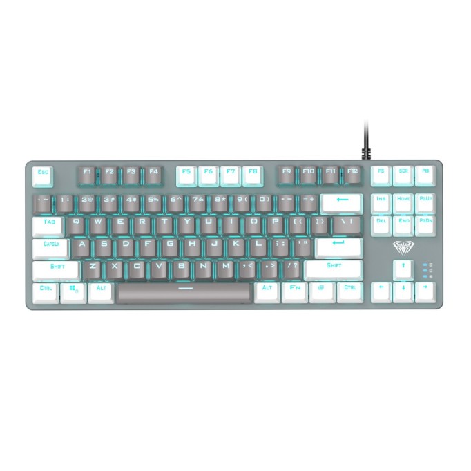 Aula F3287 Mavi Işıklı Kablolu Mekanik İngilizce Q TKL Gaming Oyuncu Klavyesi Gri