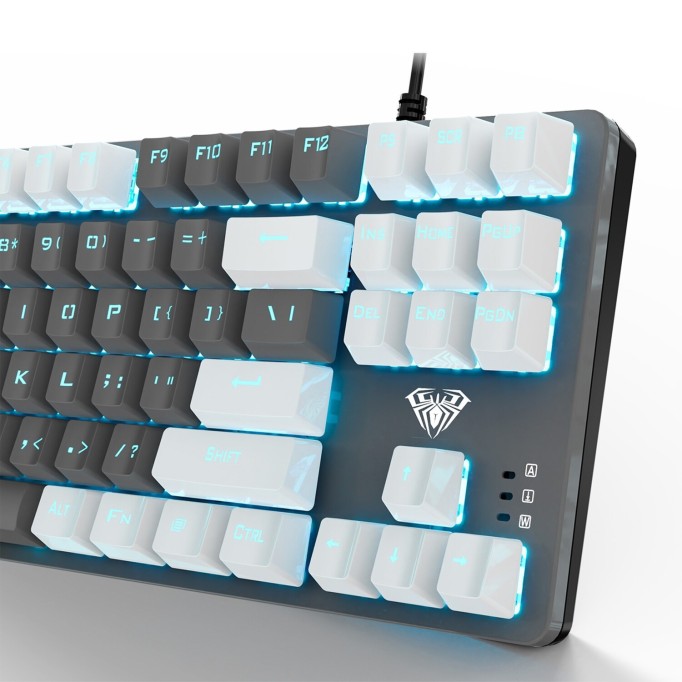 Aula F3287 Mavi Işıklı Kablolu Mekanik İngilizce Q TKL Gaming Oyuncu Klavyesi Gri
