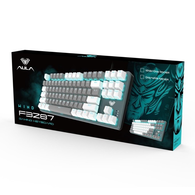 Aula F3287 Mavi Işıklı Kablolu Mekanik İngilizce Q TKL Gaming Oyuncu Klavyesi Gri