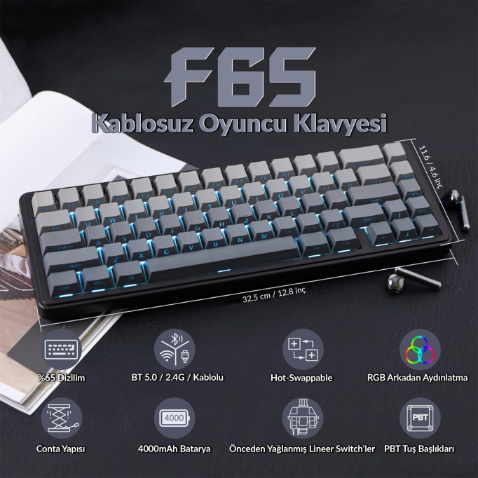 Aula F65 GrayWood V3 Switch Mekanik RGB TKL Makrolu Hot Swap Kablosuz Klavye Gri