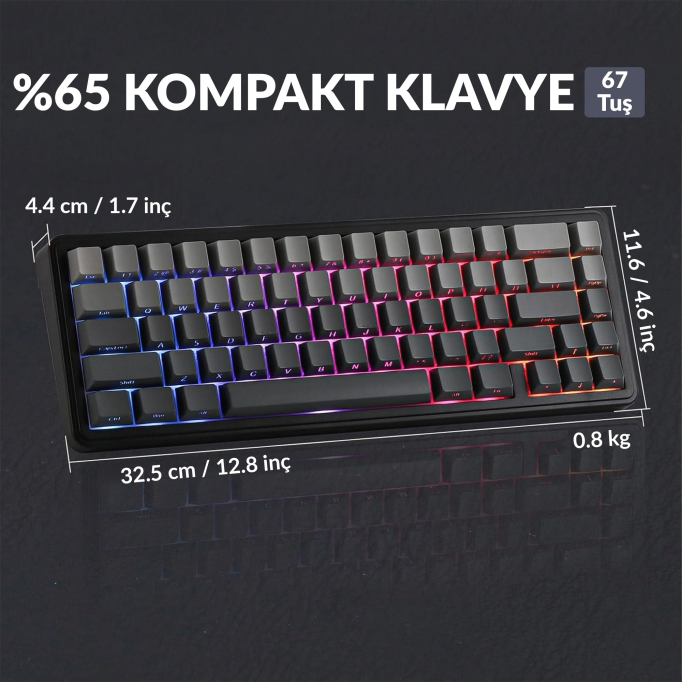 Aula F65 GrayWood V3 Switch Mekanik RGB TKL Makrolu Hot Swap Kablosuz Klavye Gri