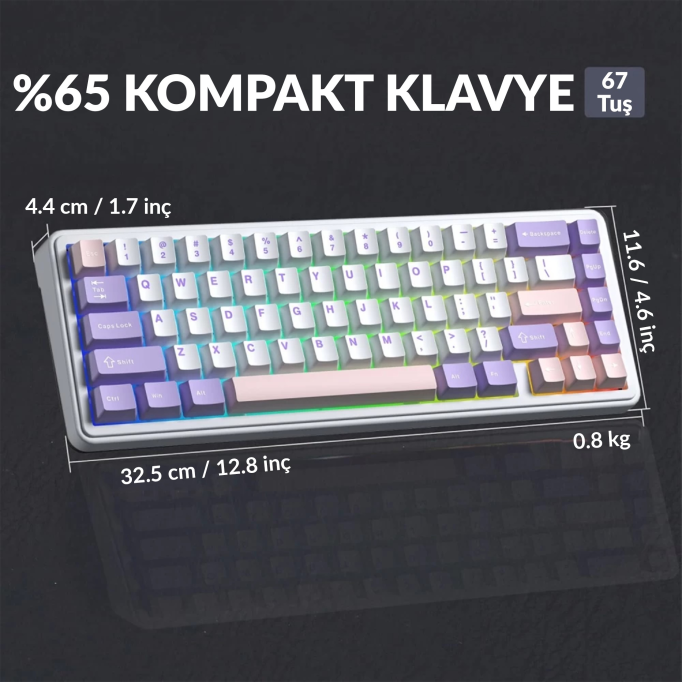 Aula F65 Nimbus V3 Switch Mekanik RGB TKL Makrolu Hot Swap Kablosuz Klavye Pastel