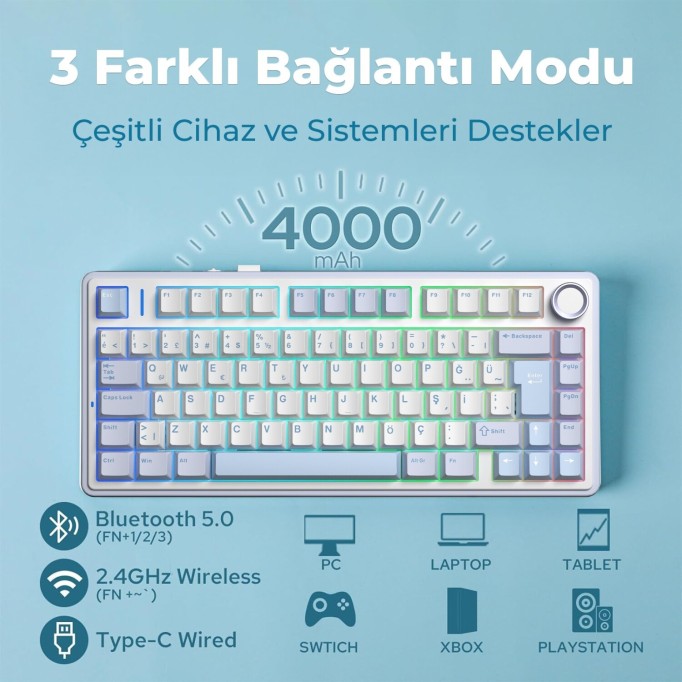 Aula F75 Mekanik RGB TKL Hot Swap GrayWood V4 Switch Kablosuz Makrolu Türkçe Q Klavye Buz Mavisi