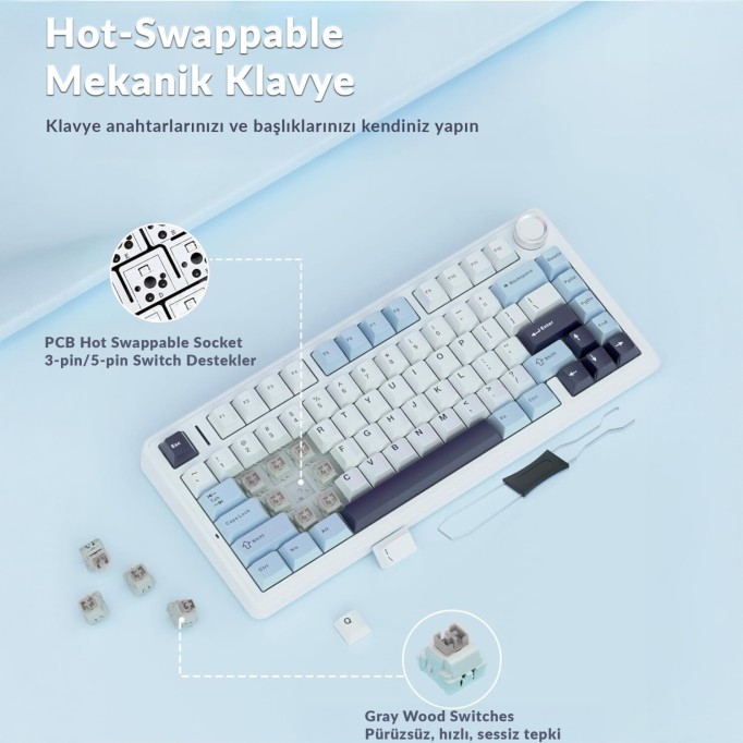 Aula F75 Mekanik RGB TKL Hot Swap GrayWood V4 Switch Kablosuz Makrolu Türkçe Q Klavye Buz Mavisi