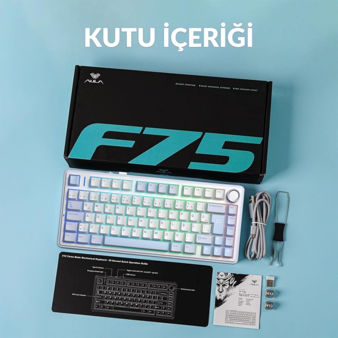 Aula F75 Mekanik RGB TKL Hot Swap GrayWood V4 Switch Kablosuz Makrolu Türkçe Q Klavye Buz Mavisi