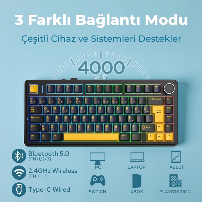 Aula F75 Mekanik RGB TKL Hot Swap GrayWood V4 Switch Kablosuz Makrolu Türkçe Q Klavye Siyah
