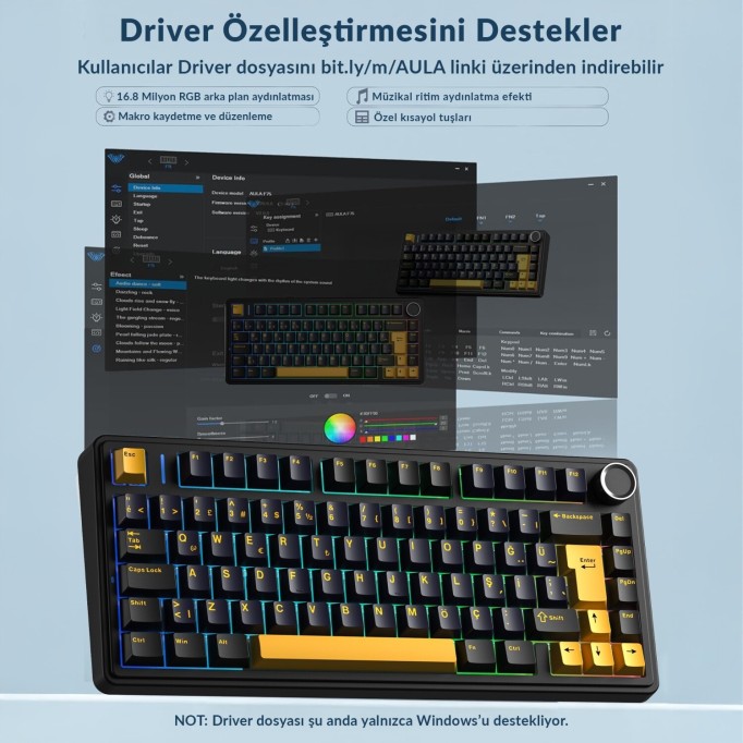 Aula F75 Mekanik RGB TKL Hot Swap GrayWood V4 Switch Kablosuz Makrolu Türkçe Q Klavye Siyah