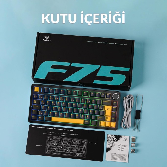 Aula F75 Mekanik RGB TKL Hot Swap GrayWood V4 Switch Kablosuz Makrolu Türkçe Q Klavye Siyah