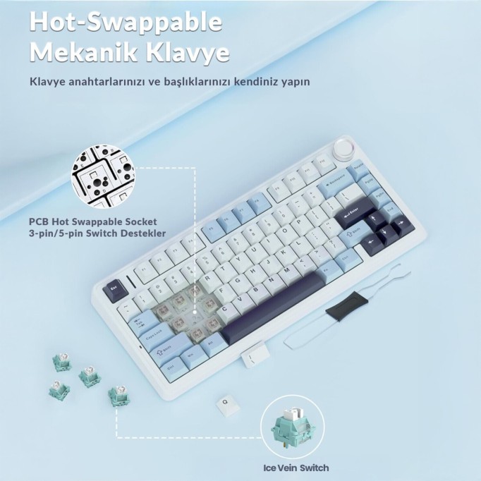 Aula F75 Mekanik RGB TKL Ice Vein Switch Kablosuz Makrolu Hot Swap Klavye Lacivert