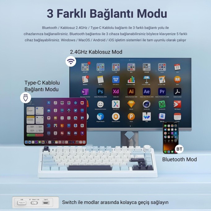 Aula F75 Mekanik RGB TKL Ice Vein Switch Kablosuz Makrolu Hot Swap Klavye Lacivert