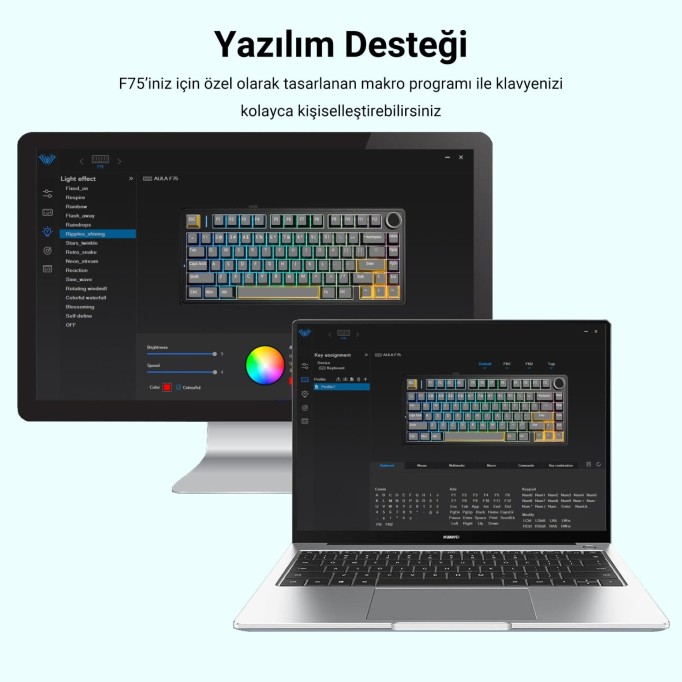 Aula F75 Mekanik RGB TKL Nimbus V3 Switch Kablosuz Makrolu Hot Swap Klavye Buz Mavisi