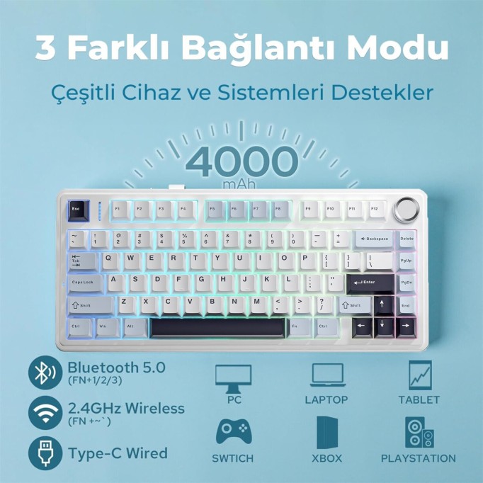 Aula F75 Mekanik RGB TKL Reaper Switch Kablosuz Makrolu Hot Swap Klavye Lacivert