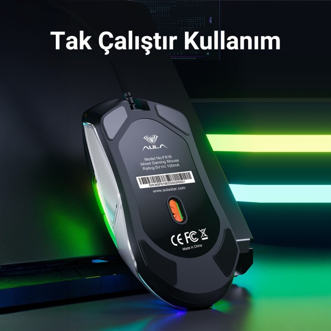Aula F816 RGB Efektli 12800DPI Kablolu Optik Gaming Oyuncu Mouse