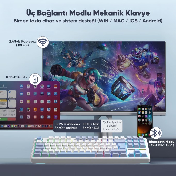 Aula F87 Mekanik RGB TKL GrayWood V4 Switch Kablosuz Makrolu Hot Swap Türkçe Q Klavye Buz Mavisi