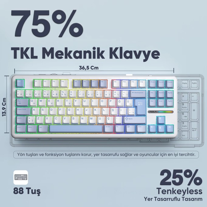 Aula F87 Mekanik RGB TKL GrayWood V4 Switch Kablosuz Makrolu Hot Swap Türkçe Q Klavye Buz Mavisi