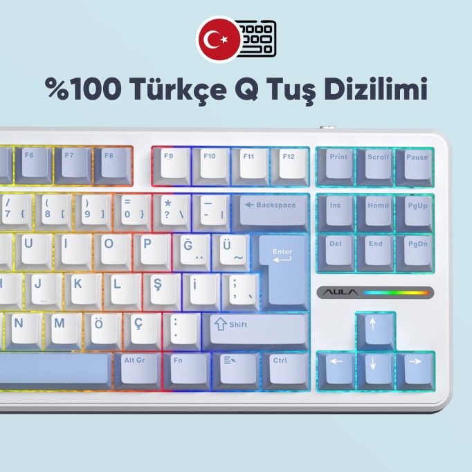 Aula F87 Mekanik RGB TKL GrayWood V4 Switch Kablosuz Makrolu Hot Swap Türkçe Q Klavye Buz Mavisi