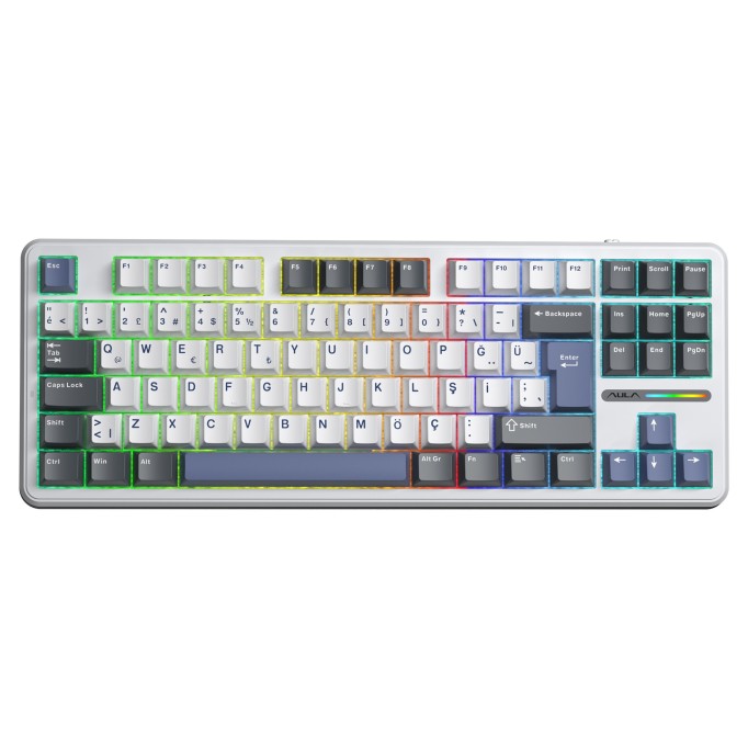Aula F87 Mekanik RGB TKL GrayWood V4 Switch Kablosuz Makrolu Hot Swap Türkçe Q Klavye Mavi