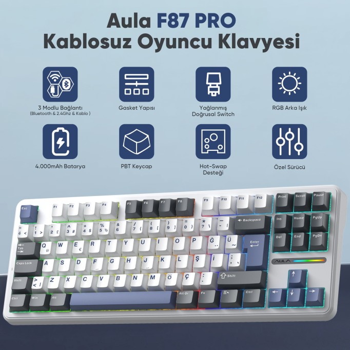 Aula F87 Mekanik RGB TKL GrayWood V4 Switch Kablosuz Makrolu Hot Swap Türkçe Q Klavye Mavi