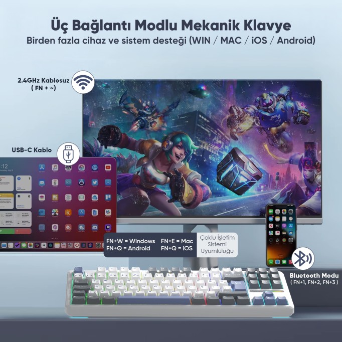 Aula F87 Mekanik RGB TKL GrayWood V4 Switch Kablosuz Makrolu Hot Swap Türkçe Q Klavye Mavi