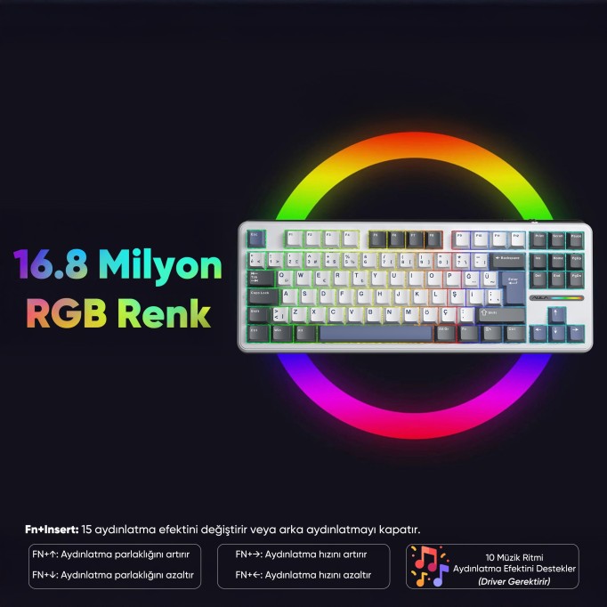 Aula F87 Mekanik RGB TKL GrayWood V4 Switch Kablosuz Makrolu Hot Swap Türkçe Q Klavye Mavi