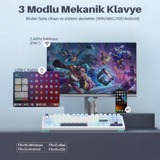 Aula F87 PRO Mekanik RGB TKL GrayWood V3 Switch Kablosuz Makrolu Hot Swap Klavye Açık Mavi