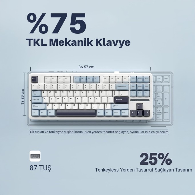 Aula F87 PRO Mekanik RGB TKL GrayWood V3 Switch Kablosuz Makrolu Hot Swap Klavye Açık Mavi