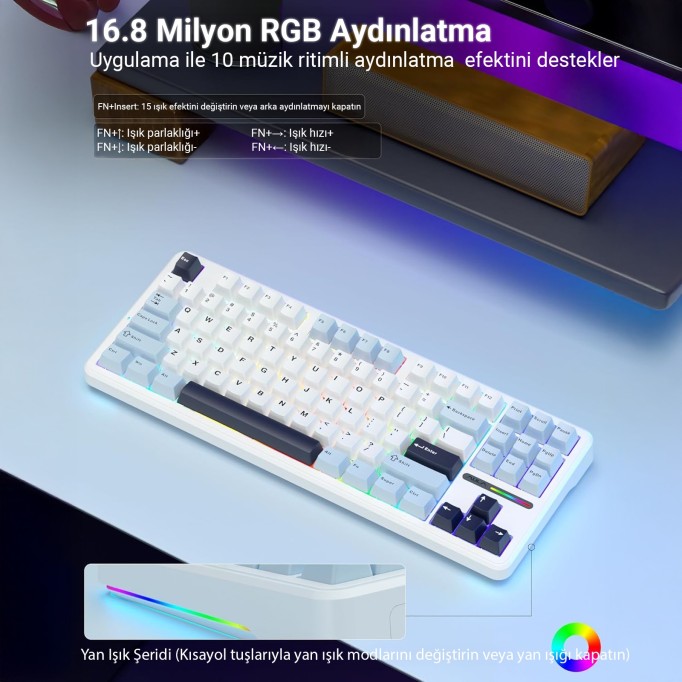 Aula F87 PRO Mekanik RGB TKL GrayWood V3 Switch Kablosuz Makrolu Hot Swap Klavye Açık Mavi