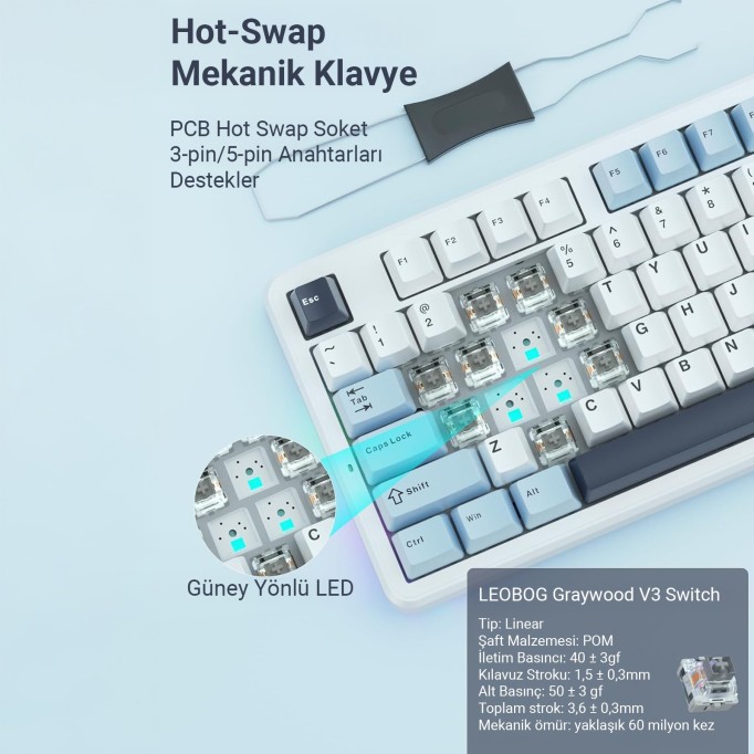 Aula F87 PRO Mekanik RGB TKL GrayWood V3 Switch Kablosuz Makrolu Hot Swap Klavye Açık Mavi